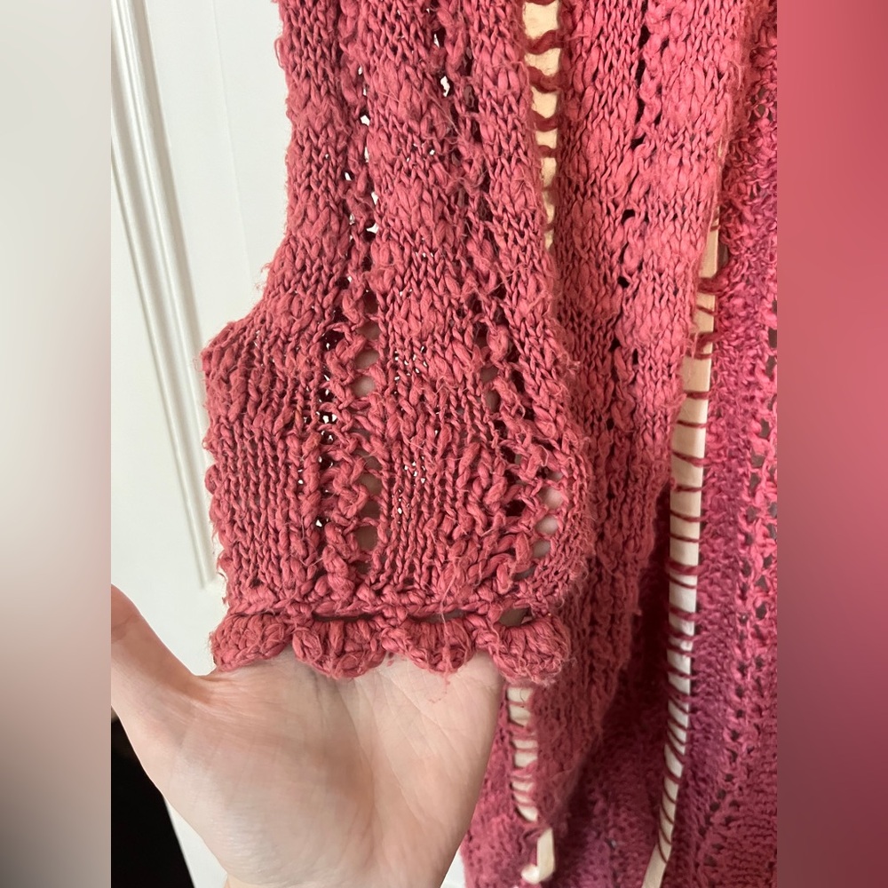 Betsey Johnson Vintage Pink Long Cardigan with Lace Ribbon Crochet Knit - Picture 7 of 8